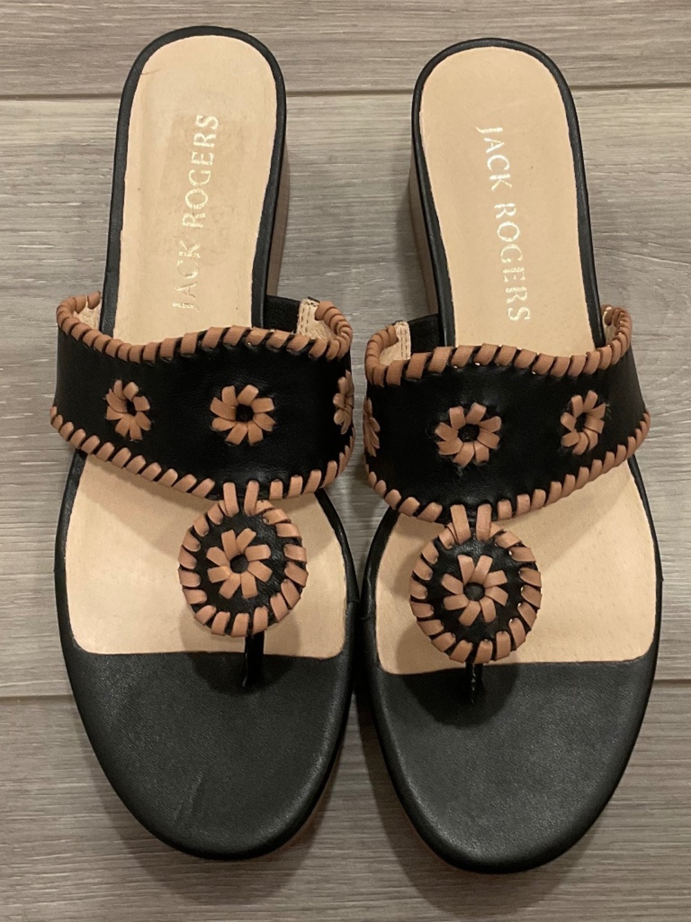 JACK ROGERS Jack’s Mid Wedge Platform Thong Sandal Black/Cafe Au Lait Sz 9.5 NEW